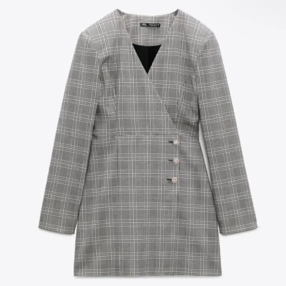 Zara Plaid Blazer Mini Dress Jeweled Buttons Long Sleeve Size S NWT - Picture 3 of 12
